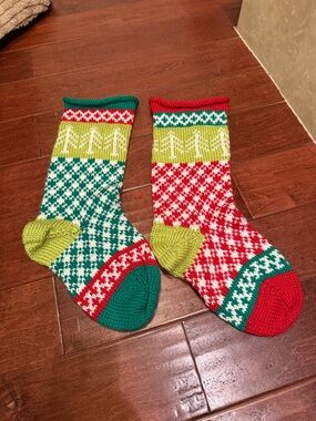 Two Knitted Christmas Stockings Red/Green Textured Pattern